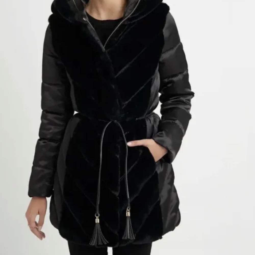 Karl Lagerfeld Black Tiered Faux Fur Belted Tassel Puffer Coat Jacket